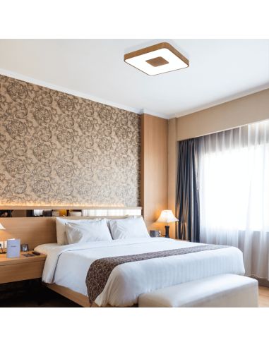 Plafonnier LED carré en forme de pièce de monnaie avec finition bois d'ambiance