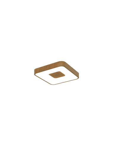 Luminária de teto LED quadrada pequena em formato de moeda com acabamento em madeira.
