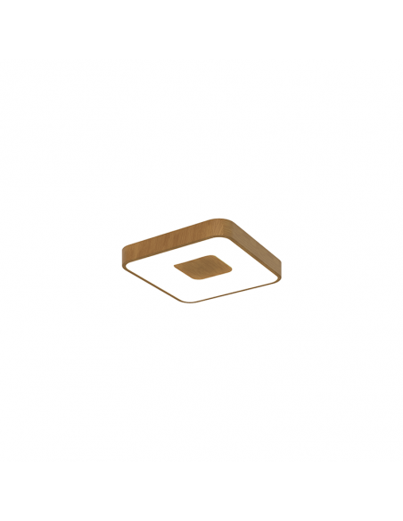 Luminária de teto LED quadrada pequena em formato de moeda com acabamento em madeira.