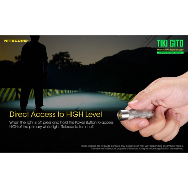 Lampe de poche LED ultra-légère TIKI GITD GREEN, brille dans le noir, 300 lm, portée de 71 m, IP66