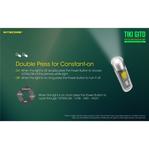 Lanterna de mão LED ultraleve TIKI GITD GREEN, brilha no escuro, 300 lm, alcance de 71 m, IP66