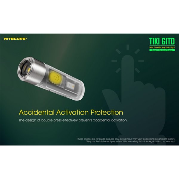 Linterna LED ultra ligera de mano TIKI GITD GREEN, brilla en la oscuridad 300Lm y alcance 71m IP66