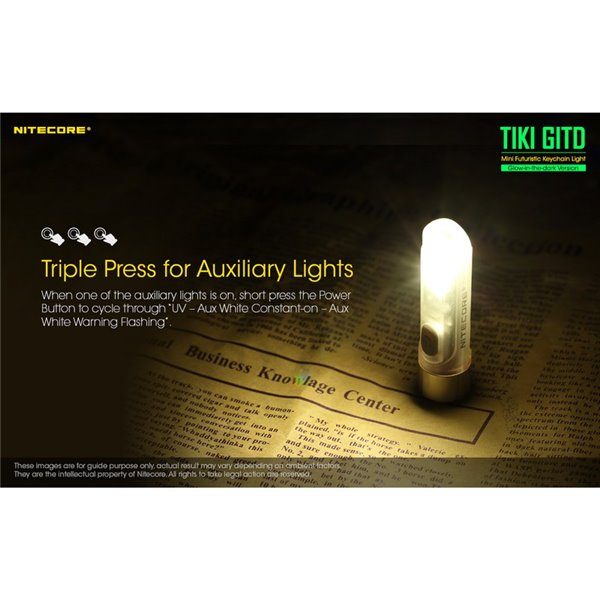 Lampe de poche LED ultra-légère TIKI GITD GREEN, brille dans le noir, 300 lm, portée de 71 m, IP66