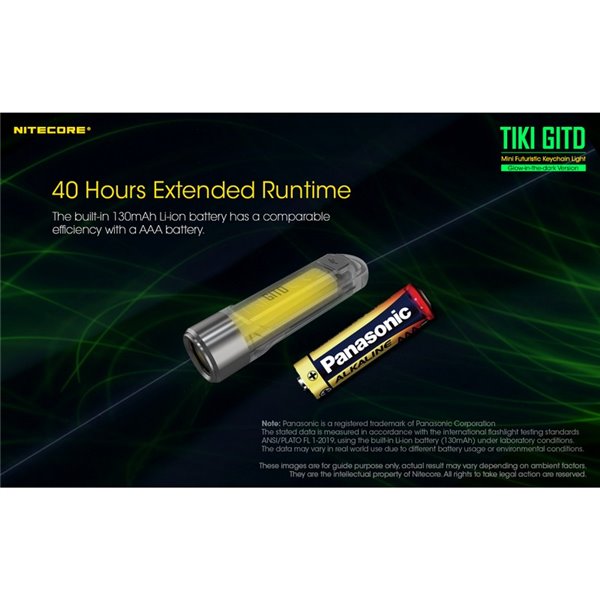 Linterna LED ultra ligera de mano TIKI GITD GREEN, brilla en la oscuridad 300Lm y alcance 71m IP66