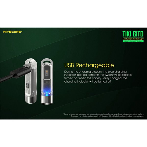 Lampe de poche LED ultra-légère TIKI GITD GREEN, brille dans le noir, 300 lm, portée de 71 m, IP66