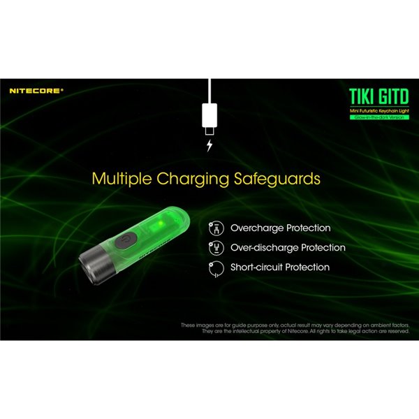 Lanterna de mão LED ultraleve TIKI GITD GREEN, brilha no escuro, 300 lm, alcance de 71 m, IP66