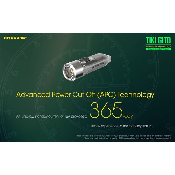 Lanterna de mão LED ultraleve TIKI GITD GREEN, brilha no escuro, 300 lm, alcance de 71 m, IP66