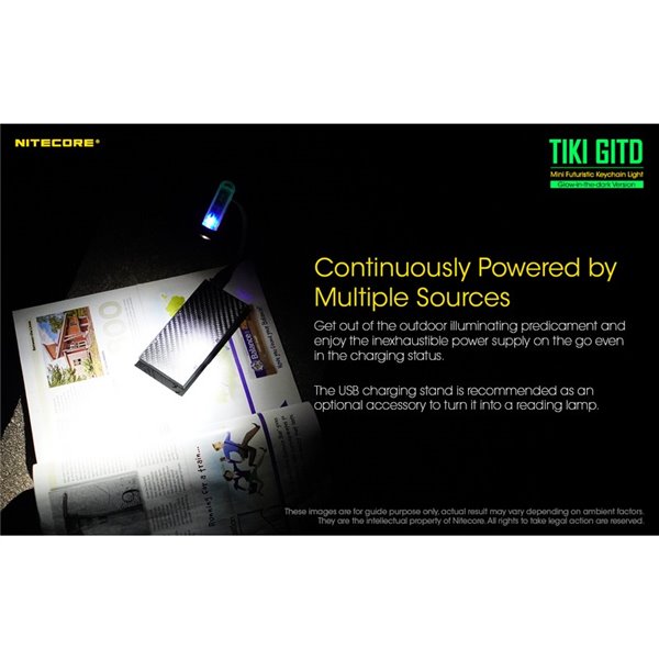 Lanterna de mão LED ultraleve TIKI GITD GREEN, brilha no escuro, 300 lm, alcance de 71 m, IP66