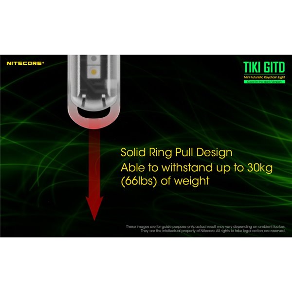 Lanterna de mão LED ultraleve TIKI GITD GREEN, brilha no escuro, 300 lm, alcance de 71 m, IP66