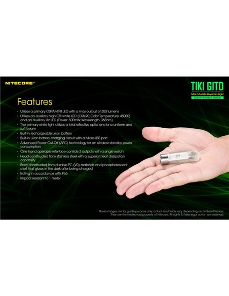Linterna LED ultra ligera de mano TIKI GITD GREEN, brilla en la oscuridad 300Lm y alcance 71m IP66