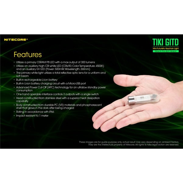 Linterna LED ultra ligera de mano TIKI GITD GREEN, brilla en la oscuridad 300Lm y alcance 71m IP66