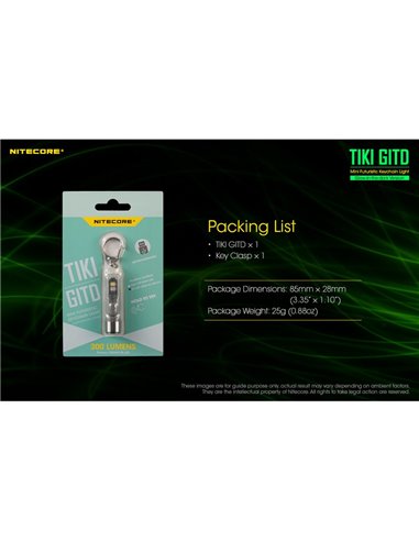 Linterna LED ultra ligera de mano TIKI GITD GREEN, brilla en la oscuridad 300Lm y alcance 71m IP66