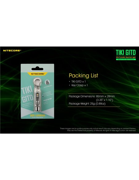 Linterna LED ultra ligera de mano TIKI GITD GREEN, brilla en la oscuridad 300Lm y alcance 71m IP66