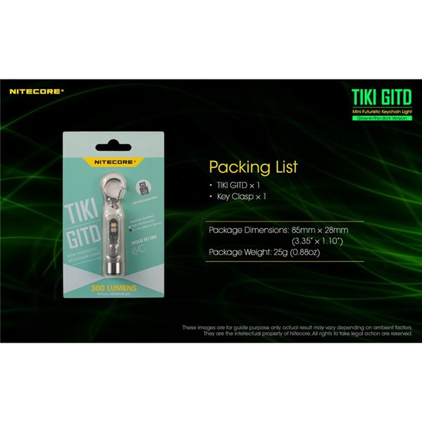 Lampe de poche LED ultra-légère TIKI GITD GREEN, brille dans le noir, 300 lm, portée de 71 m, IP66