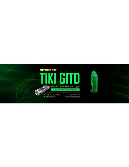 Linterna LED ultra ligera de mano TIKI GITD GREEN, brilla en la oscuridad 300Lm y alcance 71m IP66