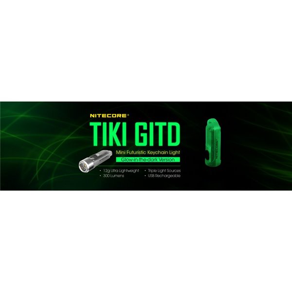Lampe de poche LED ultra-légère TIKI GITD GREEN, brille dans le noir, 300 lm, portée de 71 m, IP66