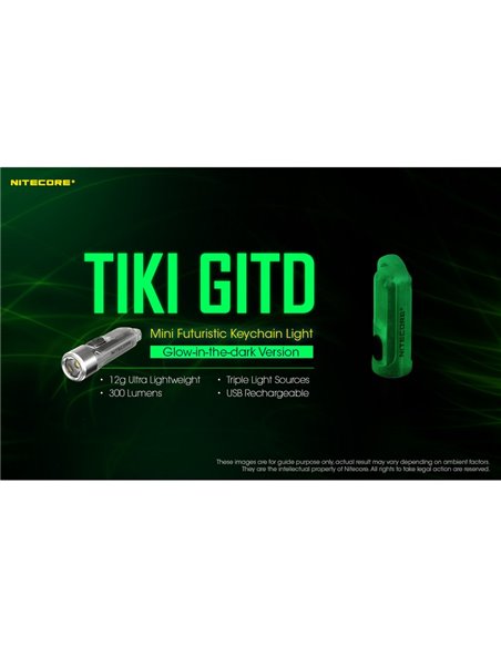 Linterna LED ultra ligera de mano TIKI GITD GREEN, brilla en la oscuridad 300Lm y alcance 71m IP66