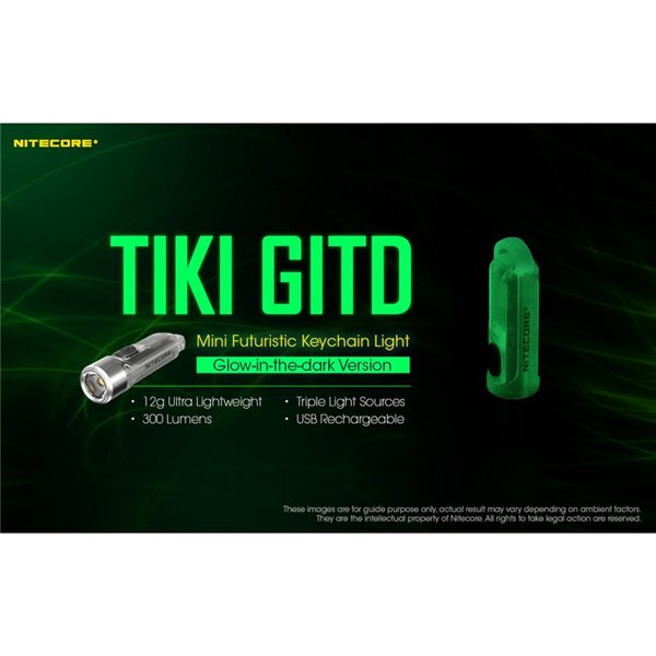 Lampe de poche LED ultra-légère TIKI GITD GREEN, brille dans le noir, 300 lm, portée de 71 m, IP66