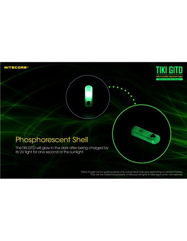 Lampe de poche LED ultra-légère TIKI GITD GREEN, brille dans le noir, 300 lm, portée de 71 m, IP66