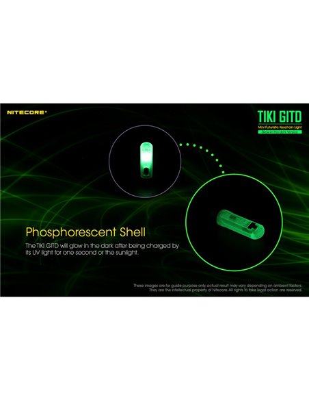 Lanterna de mão LED ultraleve TIKI GITD GREEN, brilha no escuro, 300 lm, alcance de 71 m, IP66