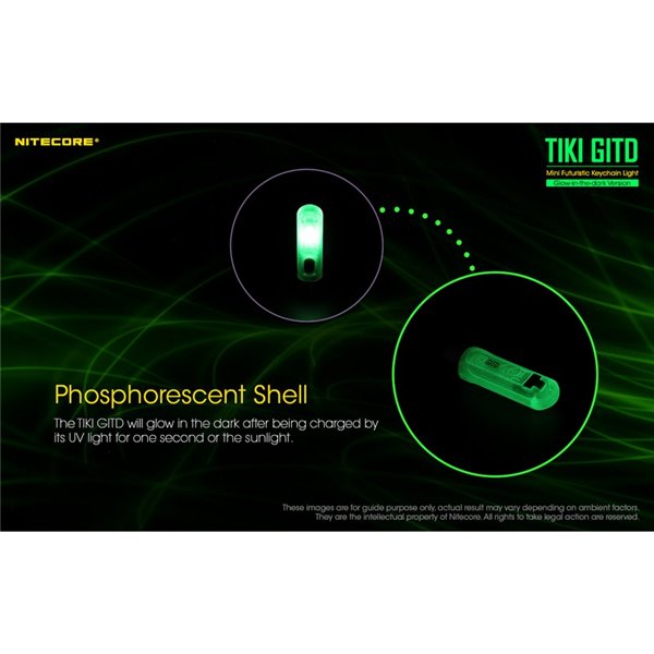 Lanterna de mão LED ultraleve TIKI GITD GREEN, brilha no escuro, 300 lm, alcance de 71 m, IP66