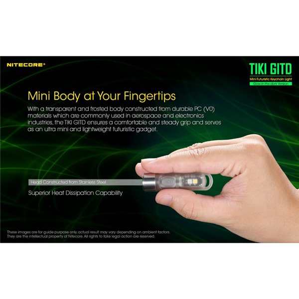 Lanterna de mão LED ultraleve TIKI GITD GREEN, brilha no escuro, 300 lm, alcance de 71 m, IP66