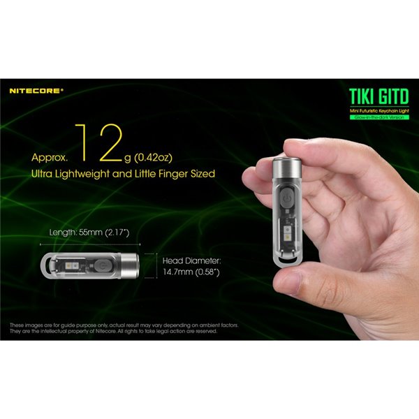 Linterna LED ultra ligera de mano TIKI GITD GREEN, brilla en la oscuridad 300Lm y alcance 71m IP66