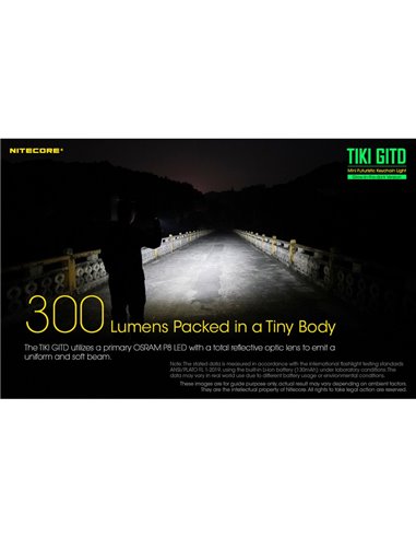 Lampe de poche LED ultra-légère TIKI GITD GREEN, brille dans le noir, 300 lm, portée de 71 m, IP66