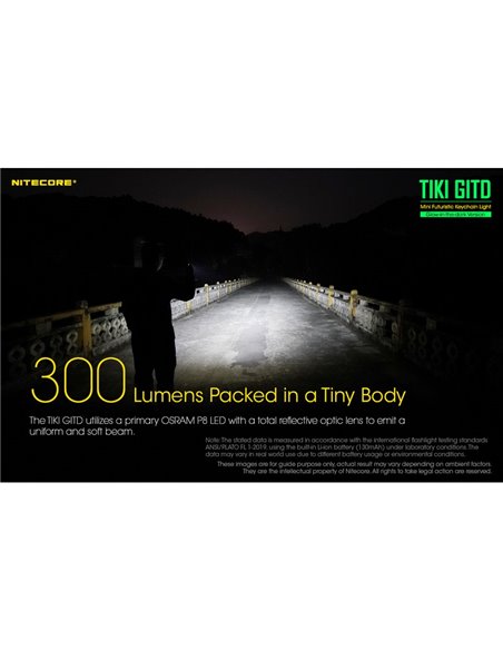 Lanterna de mão LED ultraleve TIKI GITD GREEN, brilha no escuro, 300 lm, alcance de 71 m, IP66