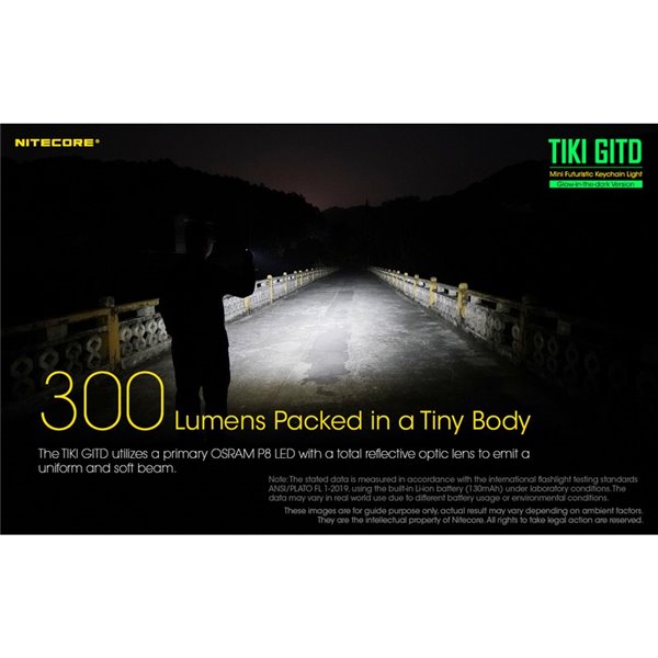 Linterna LED ultra ligera de mano TIKI GITD GREEN, brilla en la oscuridad 300Lm y alcance 71m IP66