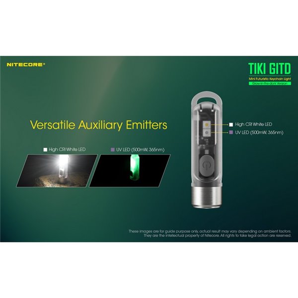 Linterna LED ultra ligera de mano TIKI GITD GREEN, brilla en la oscuridad 300Lm y alcance 71m IP66