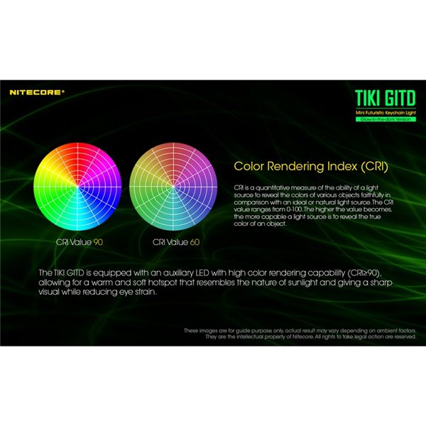 Lampe de poche LED ultra-légère TIKI GITD GREEN, brille dans le noir, 300 lm, portée de 71 m, IP66