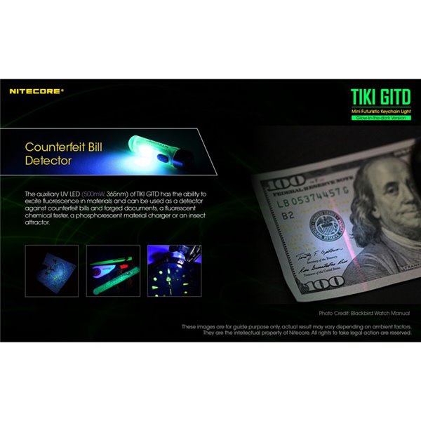 Lampe de poche LED ultra-légère TIKI GITD GREEN, brille dans le noir, 300 lm, portée de 71 m, IP66