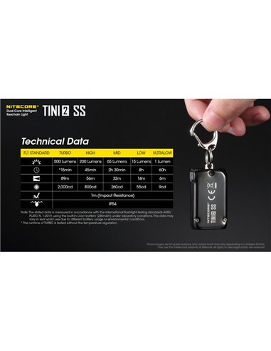 Linterna de mano Tini2 SS compacta y resistente, accesorio llavero 500Lm y 89m alcance, recargable USB-C Negra