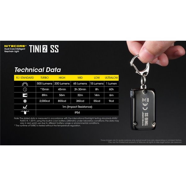 Linterna de mano Tini2 SS compacta y resistente, accesorio llavero 500Lm y 89m alcance, recargable USB-C Negra