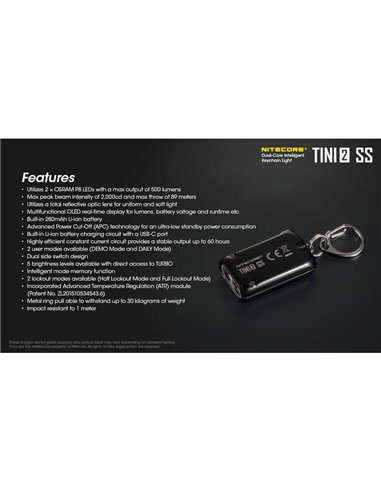 Linterna de mano Tini2 SS compacta y resistente, accesorio llavero 500Lm y 89m alcance, recargable USB-C Negra