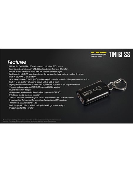 Linterna de mano Tini2 SS compacta y resistente, accesorio llavero 500Lm y 89m alcance, recargable USB-C Negra