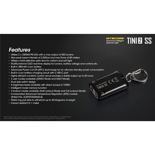 Lampe torche porte-clés compacte et robuste Tini2 SS, 500 lm, portée 89 m, rechargeable par USB-C, noire