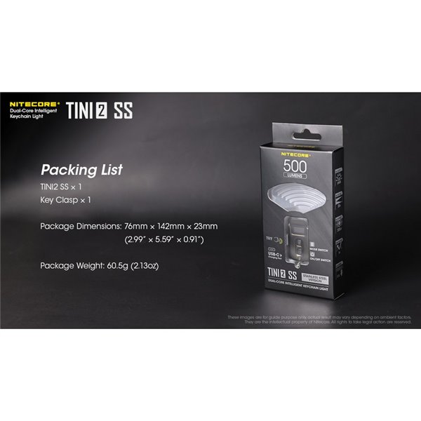 Linterna de mano Tini2 SS compacta y resistente, accesorio llavero 500Lm y 89m alcance, recargable USB-C Negra