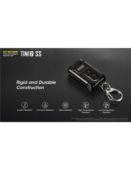 Linterna de mano Tini2 SS compacta y resistente, accesorio llavero 500Lm y 89m alcance, recargable USB-C Negra