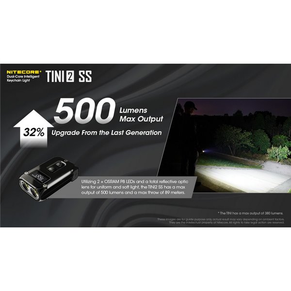 Linterna de mano Tini2 SS compacta y resistente, accesorio llavero 500Lm y 89m alcance, recargable USB-C Negra