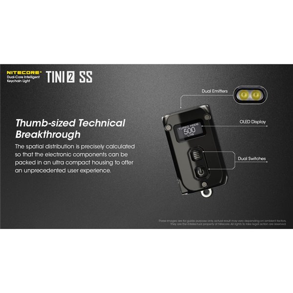 Linterna de mano Tini2 SS compacta y resistente, accesorio llavero 500Lm y 89m alcance, recargable USB-C Negra