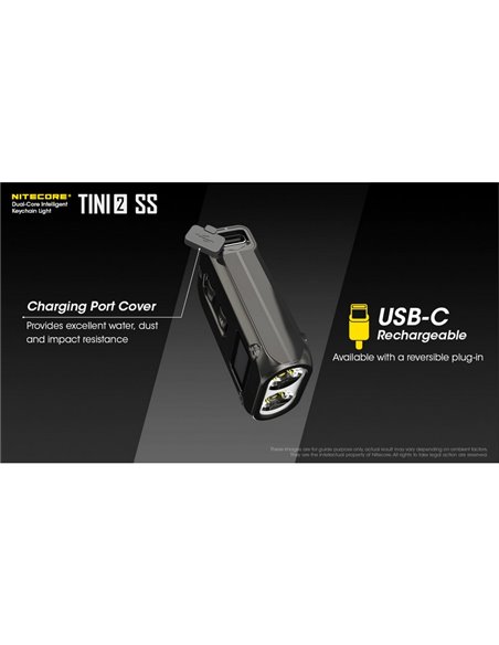 Linterna de mano Tini2 SS compacta y resistente, accesorio llavero 500Lm y 89m alcance, recargable USB-C Negra