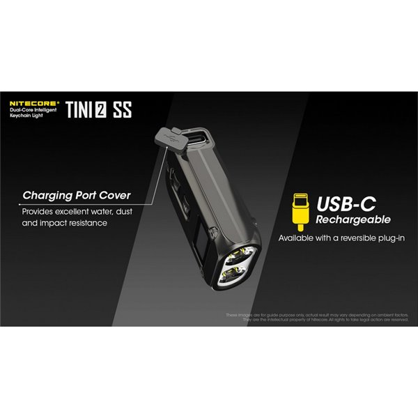 Linterna de mano Tini2 SS compacta y resistente, accesorio llavero 500Lm y 89m alcance, recargable USB-C Negra
