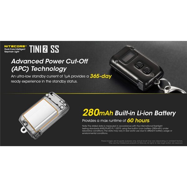 Linterna de mano Tini2 SS compacta y resistente, accesorio llavero 500Lm y 89m alcance, recargable USB-C Negra