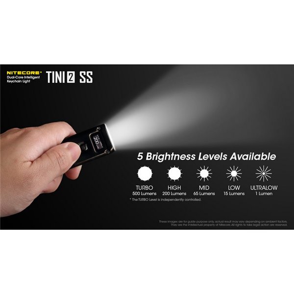 Linterna de mano Tini2 SS compacta y resistente, accesorio llavero 500Lm y 89m alcance, recargable USB-C Negra