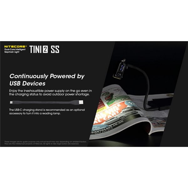 Linterna de mano Tini2 SS compacta y resistente, accesorio llavero 500Lm y 89m alcance, recargable USB-C Negra