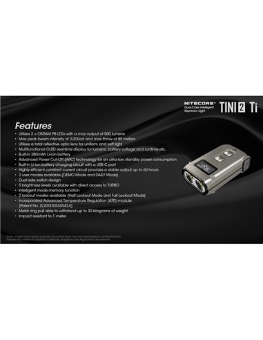 Linterna de mano LED Tini2 SS TI titanio, accesorio llavero 500Lm y 89m alcance, recargable USB-C Gris