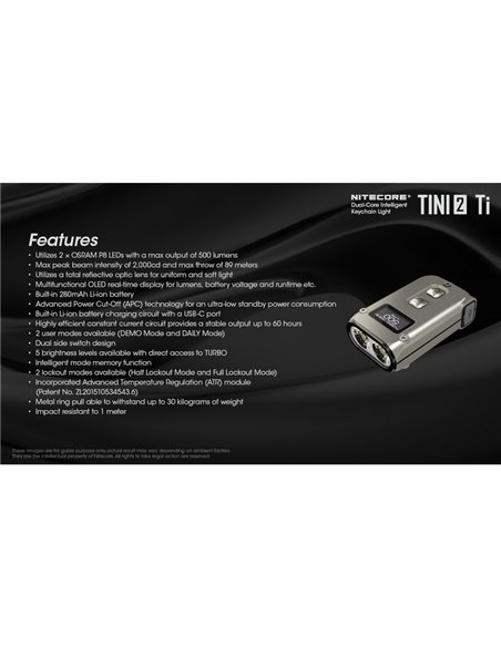 Linterna de mano LED Tini2 SS TI titanio, accesorio llavero 500Lm y 89m alcance, recargable USB-C Gris