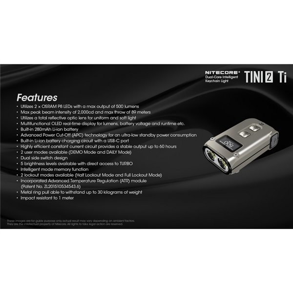 Linterna de mano LED Tini2 SS TI titanio, accesorio llavero 500Lm y 89m alcance, recargable USB-C Gris